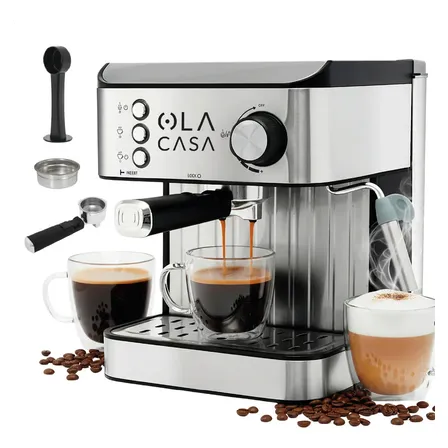Cafetera Expresso Máquina De Café 2 Tazas 15 Bares Ola Casa Con Espumador De Leche Latte Plata