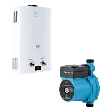 Combo Calentador De Paso 12 L/minuto Gas Lp + Bomba Presurizadora 35l/min, Boiler 2.5 Servicios, Fácil Instalación,... Glp Blanco