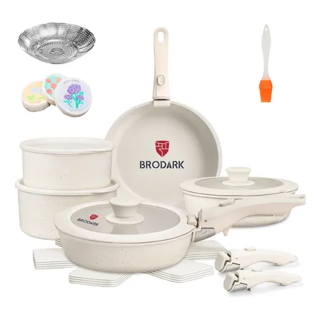 Brodark 20 Piezas Juego De Sartenes Gruesa Ollas Cerámica Batería De Cocina Utensilios Sartenes Antiadherentes Con Mangos Desmontables Y Tapas De Vidrio Para Inducción, Gas Y Horno Blanco