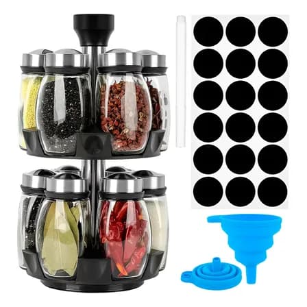 Organizador De Cocina Giratorio 360º Con 12 Frascos Especieros De Vidrio Con Tapas De Acero Inoxidable