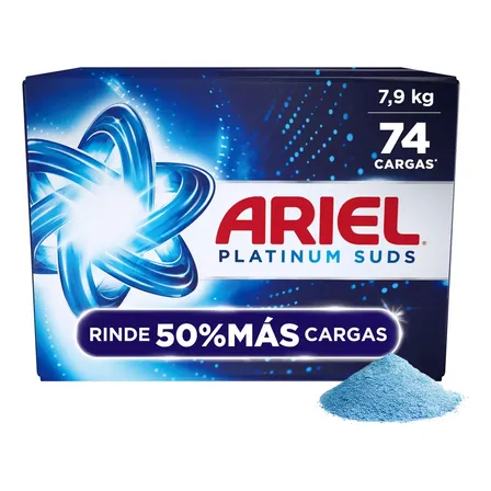 Detergente En Polvo Ariel Platinum Suds, Lava Ropa Blanca Y De Color, 74 Cargas 7,9kg