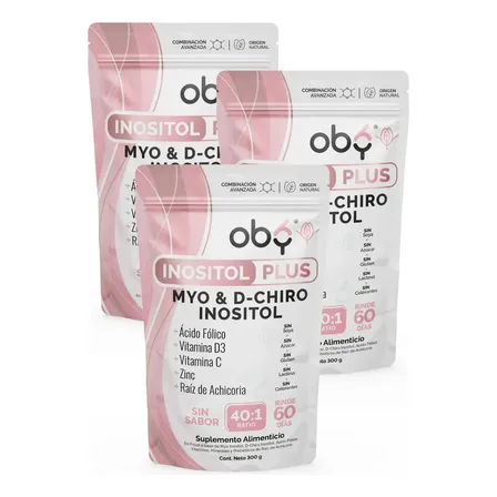 3-pack 900g Myo Y D-chiro Inositol Plus 40:1 | Acido Folico, Prebioticos, Vitaminas D3, C, Zinc | 4100mg Porcion | Balance Hormonal Mujer Sop Mujer Mayo | Oby Suplemento Polvo Sin Sabor | 180 Tomas