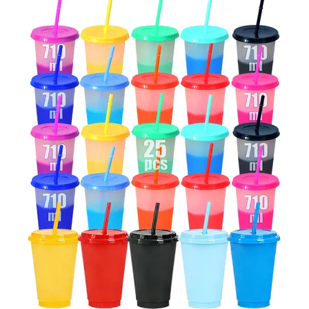 25pzs Vasos Magicos Cambian De Color Con Tapa Y Popote 710ml