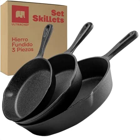Set 3 Sartenes De Hierro Fundido Pre Curados Ultrachef Color Negro