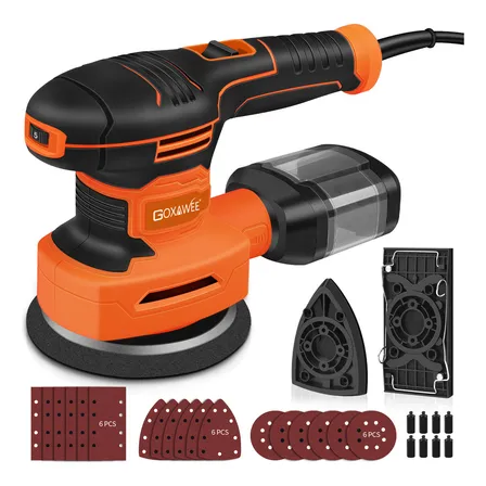 Goxawee 3 En 1 450w Lijadora De Orbital , 5 Velocidades Ajustable,14000 Rpm,redonda, Cuadrada, En Forma De Rata, Para Madera, Desincrustar Y Pulir Metales Naranja 50hz/60hz