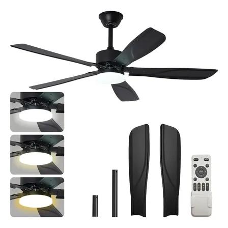 Ventilador De Techo De 52 Pulgadas Con Foco Led 3 Temperaturas Y Control Remoto 5 Hierro Aspas Silencioso 1.32 M Negro Plástico