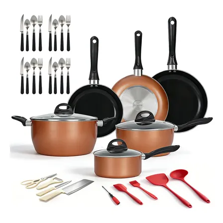 Batería De Cocina Antiadherente 34 Piezas - Juego De Ollas Y Utensilios De Aluminio Resistente Marrón Oscuro