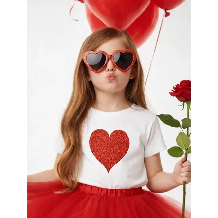 Playera De Niña Corazón Rojo Glitter Amor