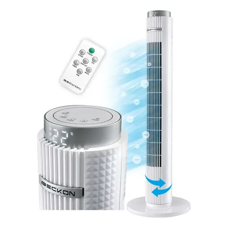 Ventilador De Torre Premium Corte Diamante Blanco Con Ionizador + Control Remoto Oscilación Temporizador Display Led 97cm De Alto 15 Meses De Garantía Beckon 31 Cm 60 Hz Plástico Reforzado