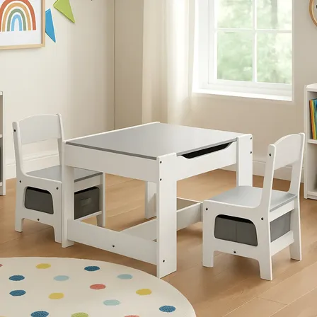 Kids House Mesa Montessori Pebble Set Infantil De Madera De Abedul Y Mdf Con 2 Sillas Ergonómicas, Pizarrón Para Dibujo, Ideal Para Niños, Juego, Aprendizaje, Lectura, Diseño Compacto Y Seguro