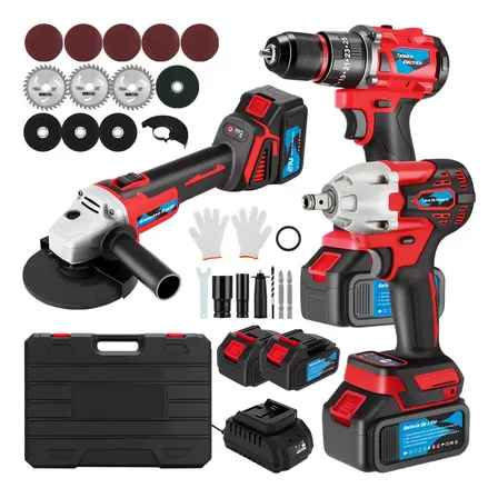 Kit De Llave De Impacto, Amoladora Angular Y Taladro Inalámbrico 3 Piezas Suzwip Juego De Herramientas Eléctrico Inalámbrica, 2 Baterías, Motor Sin Escobillas, Iluminación Led