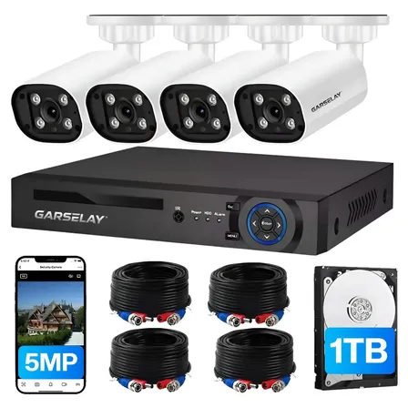 Kit 4 Cámaras 5mp De Seguridad Vigilancia Exterior/interior; Kit Dvr Cámaras Con Función De Audio Y 8 Canales Con Disco Duro 1 Tb; Circuito Cerrado Vigilancia. Blanco