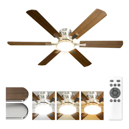 Ventilador De Techo De 52 Pulgadas Con Luz Y Control Remoto, Ventilador De Perfil Bajo Con 6 Aspas De Doble Acabado,... 60hz 1.32 M Madera Metálico Plateado Y Madera