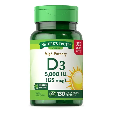 Vitamina D3 5000 Ui Cápsulas Nature's Truth Veganas Sin Gluten 130 Unidades Sin Sabor