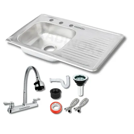 Fregadero Tarja Kadinox Plus Para Cocina De Empotrar Acero Inoxidable 80x50 Cm Con Kit De Instalacion Y Mezcladora Flexible Escurridor Derecho