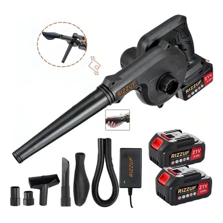 Rizzup® Soplador De Hojas Inalambrica Electrica Aspiradora 2en1 Herramientas Para Jardineria Con 2 Batería Negro