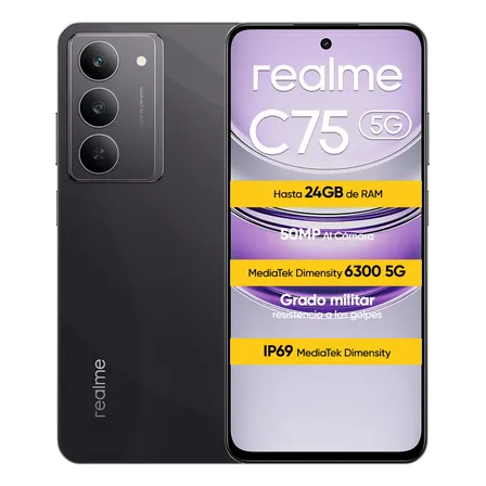 Celular Realme C75 5g 8gb 256gb Smartphone Chipset Dimensity 6300 5g Ip69 Resistencia Al Agua 50mp Ai Cámara 6.67 '' 120hz Lcd Hd Pantalla Compatible Con Redes México Dual Sim Con Nfc Negro