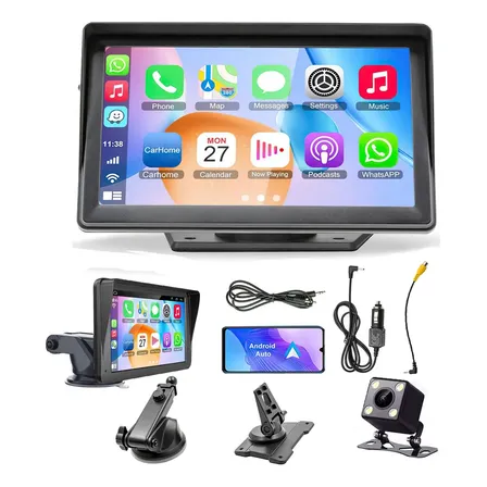 Estéreo Portátil 7.2 Pulgadas Pantalla Giratorio Con Inalámbrico Carplay Android Auto Mirrorlink Bluetooth Cámara Dos Soportes Adaptador De Encendedor Radio (fm) Hd Aux Tf Usb Essgoo Negro