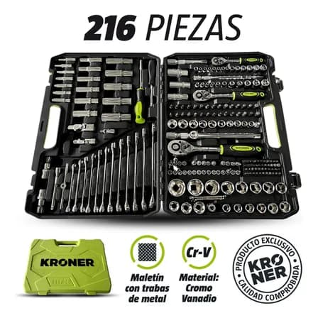 Kit Juego De Dados Llaves Y Puntas 216 Pzas Cromo V. Kroner Color Verde Lima