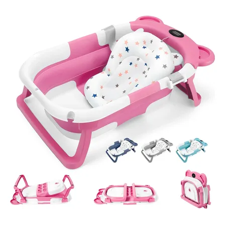 Bañera Tina Baño Bebe Plegable Portátil Con Cojín Termómetro Rosa