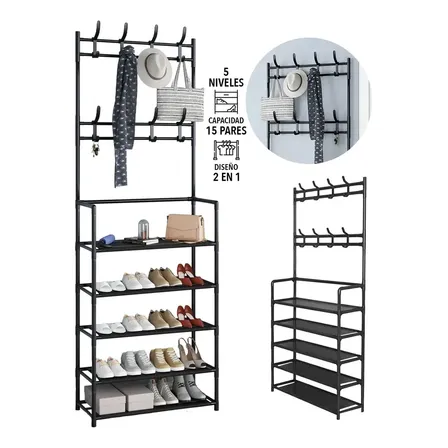 Zapatero Perchero Metálico Acero Organizador Rack Estante Ganchos 2 En 1 Zapatera Armable Con 5 Niveles 8 Ganchos Almacenamiento Negro Mxgaa