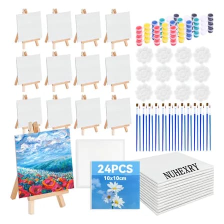 Nuhexry 24 Lienzo Para Pintar Y 12 Caballetes Para Pintar, Mini Kit De Pintura Al Óleo, Pinceles, Paletas Y Pinturas,... Blanco