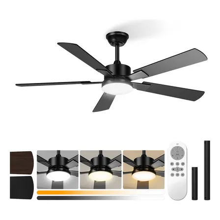 Ventilador De Techo De 52 Pulgadas Con Luz Y Control Remoto, Ventilador De 5 Aspas Para Interior/exterior Con Aspas De... 60hz Negro Negro 1.32 M Madera