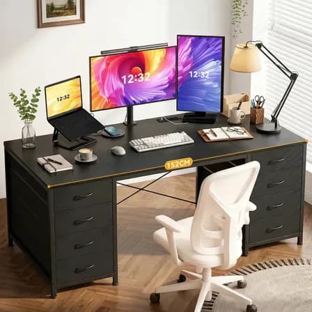 Furrific® Escritorio Oficina Con 8 Cajones Y Carga, 75*152*48cm, Escritorios Para Computadora Equipado Con Cajones De Grande Capacidad, Escritorios Minimalista, Negro