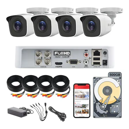 Kit Circuito Cerrado Hikvision Hilook Dvr 4 Canales 4 Cámaras 1080p 2mp Full Hd Cables Coaxial 18mts + Disco Duro 500gb Blanco