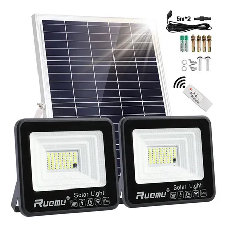 Lámpara Solar Led Exterior Jardín Suburbana Reflector 300w Ip67 Resistente Al Agua Con Control Remoto - Incluye 2 Cables De 5m Para Uso En Interior/exterior, Luz Blanca 6000k, Color Negro