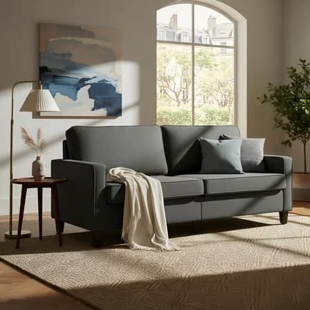 Sofá Sillón Loveseat 3 Plazas Sala Moderna Minimalista Tapizado Poliéster Madera + Cojines Gris Oscuro Kingshouse Liso