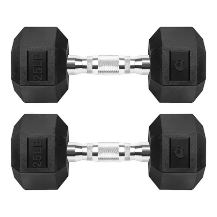 Par Mancuernas Hexagonales Caucho 25lb 11.33 Kg Gym Crossfit Color Negro