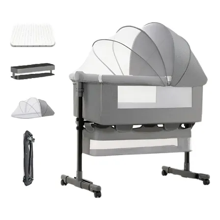 Corralito Bebé Rosa/gris Con Ruedas Y Mosquitero