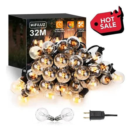 32m Guirnalda De Luces 45+2 Focos Vidrio G40 Ip44 Blanco Cálido, Exterior Navidad Vintage Impermeable Decorativas Caliente Amarillo