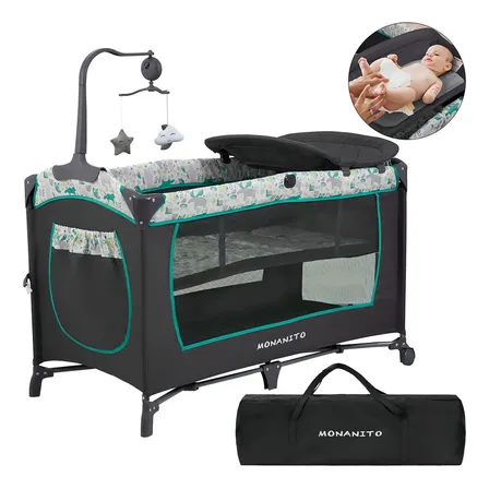 Corralito Plegable Monanito Up650s Negro Con Cambiador Y Función Colecho Patrones
