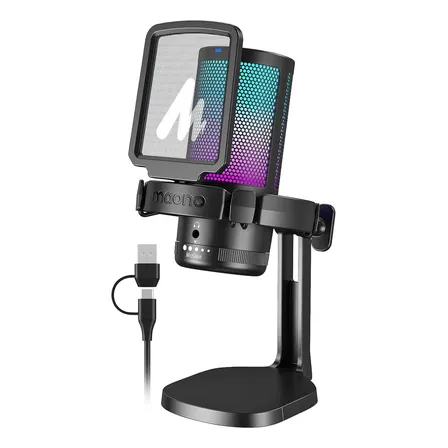 Maono Micrófono Pc Para Gamer Micrófono Usb Rgb Con Cancelación De Ruido Silencio Ganancia Y Monitoreo Para Streaming Podcast Youtube Celular Y Ps5 Ps4 Dgm20 Negro