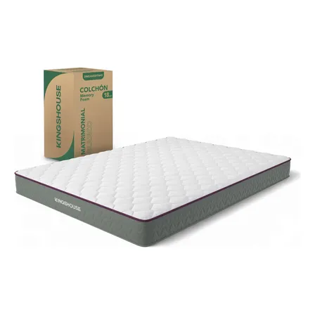 Colchón Matrimonial En Caja 18 Cm De Espuma De Alta Densidad, Memory Foam, Firmeza Media, Hipoalergénico, Transpirable Y Ergonómico Con Soporte Estable Kingshouse Blanco