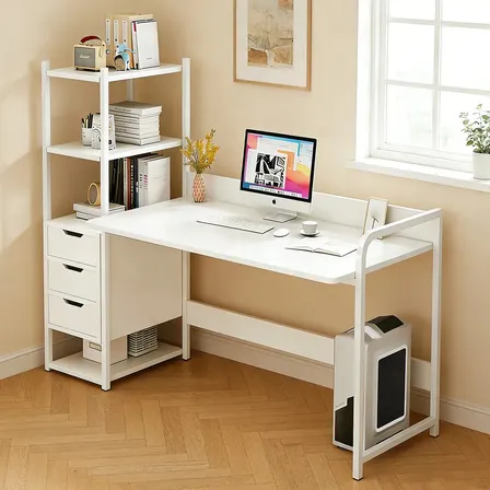 Turroy Escritorio De Oficina Modernos Minimalista Gamer Mesa Con 3 Cajones Y 4 Niveles De Repisas Adecuado Blanco Para El Hogar Y La Oficina 140cm*50cm*110cm