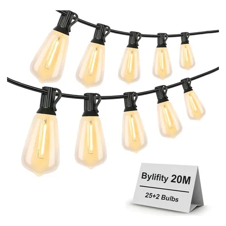 Bylifity Guirnalda De Luces Led Exterior, Cadena De Luces Led 20m 25+2 Focos Led St38 Inastillables Alto Brillo, Luces... Blanco Cálido