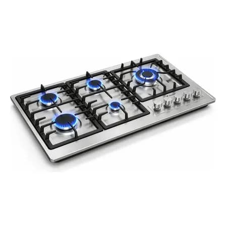 Parrilla Empotrable Gas 5 Quemadores Acero Inoxidable Cubierta Cocina 86 Cm Encendido Eléctrico 120v Gas Lp Gas Natural Perillas Metálicas Seguro Niños Bases Hierro Espreas Incluidas Plata/negro