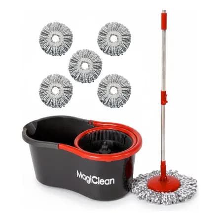 Trapeador Giratorio Mágico Con Cubeta Magiclean + 5 Repuestos Negro