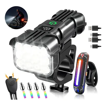 Holfill Luz Bicicleta Recargable Luces 12 Led Bicicleta 6000 Lúmenes Impermeable Delantera Traser Y Claxon, Lámparas Luz Para Bicicleta 5 Modos, Luz Bicicleta De Control Doble De Control De Línea