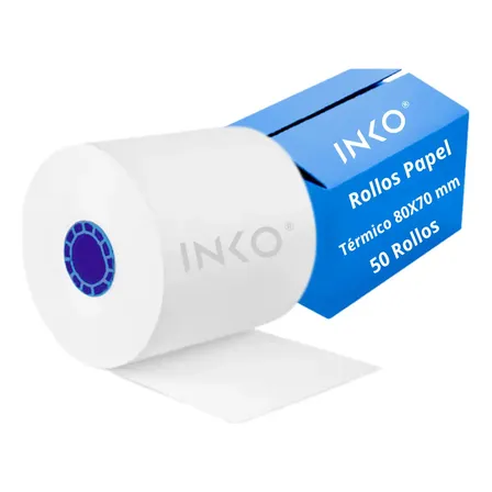 Caja 50 Rollos Papel Térmico Inko 80x70mm Alto Rendimiento Impresora 80mm Tickets Recibos Compatible Con Epson Bixolon Negro