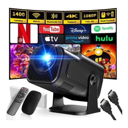 [apps Integrada] Últimos Mini Proyector Portátil 1920x1080p Nativo 4k Supote Videoproyector Dual Control Android Tv Wifi6 Bt5.2 180° Giratorio Hdmi/tv Stick Usb Ps5 Laptop Con Cable Hdmi Y Ratón Negro