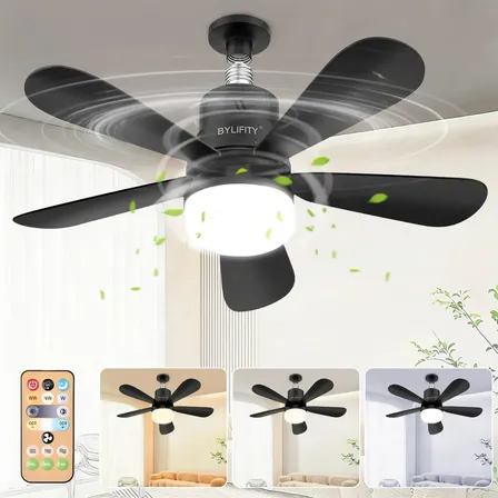 Bylifity Lámpara De Ventilador Luz Led, E26/e27 Ventiladores De Techo Con Control Remoto, 40w Luz De Ventilador Con Foco Led, 40cm, 3000k-6500k/brillo Regulable (negro) Blanco Neutro