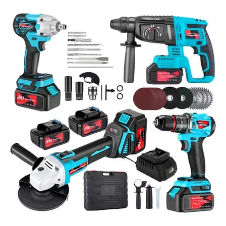 Juego Martillo, Taladro, Llaves Impacto Y Amoladoras Angulares 4pcs Suzwip Kit De Herramientas Eléctrico Inalámbrica, Motor Sin Escobillas, 2 Baterías, Iluminación Led