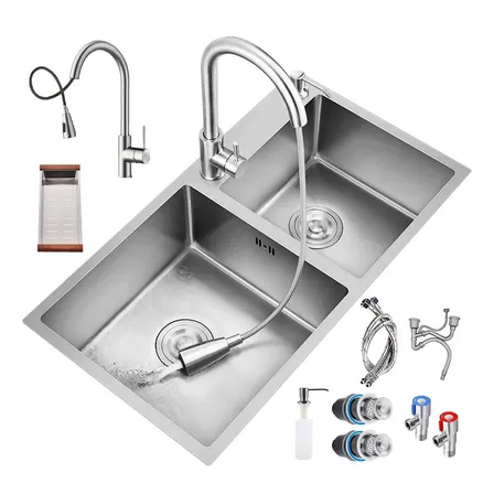 Fregadero De Cocina Tarja Doble Cubeta Acero Inoxidable 304 Conjunto Kit Completo Grifo Engrosar Cestas De Drenaje 304 Acero Inoxidable Aplicación De Múltiples Escenarios Plateado Resistente