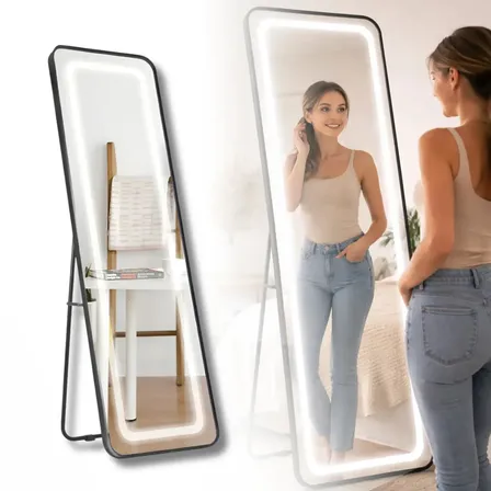 Espejo Con Luz Led Touch 3 Tonos Ctt, Diseño Moderno Minimalista. Uso De Piso O Pared, Ideal Para Baño, Vestidor,... Negro