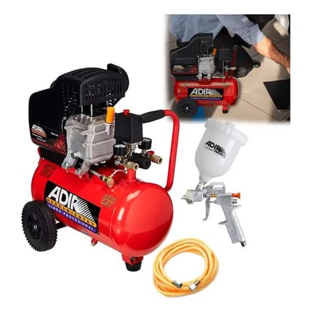 Kit Compresor Y Pistola De Gravedad Con Manguera De Aire Portátil Ruedas Adir 2030kg 25l 2.5hp Dos Salidas De Aire Manómetro Doble Presión Máxima 135psi Caudal 5.89 Cfm Rojo