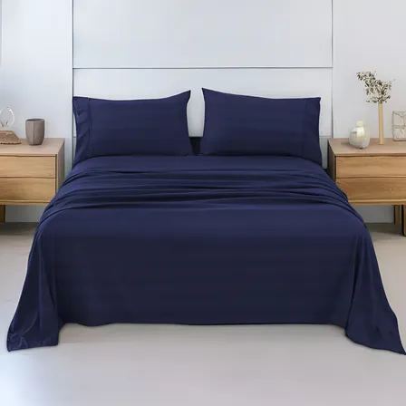 Juego De Sábanas Matrimonial 3000 Hilos Egipcian Premium Color Azul Marino Diseño De La Tela Rayas